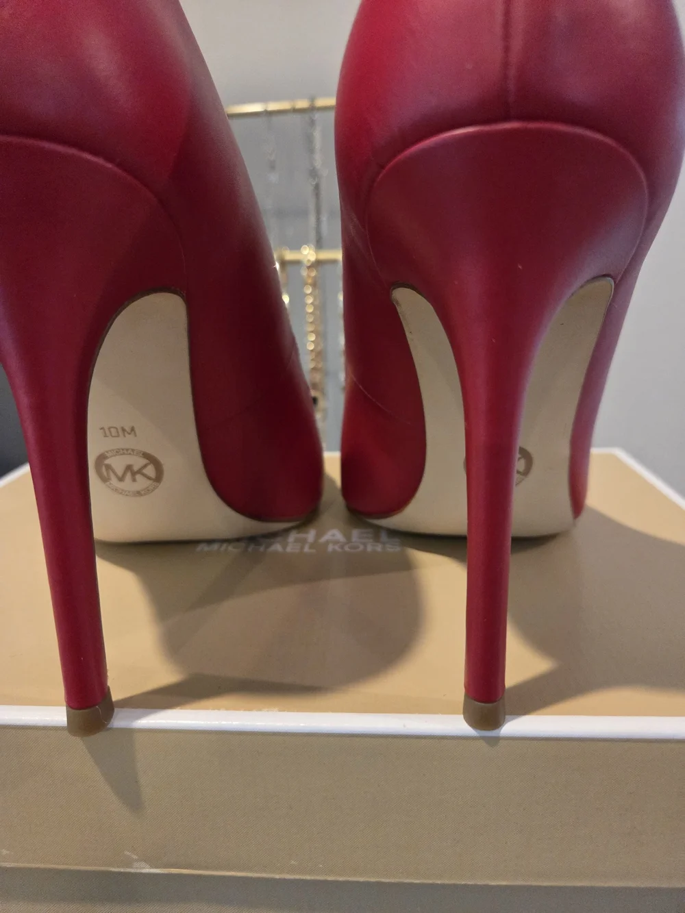 Michael Kors Red Leather w/ Patent Leather Pointed-Toe Pumps with Gold MK Emblem